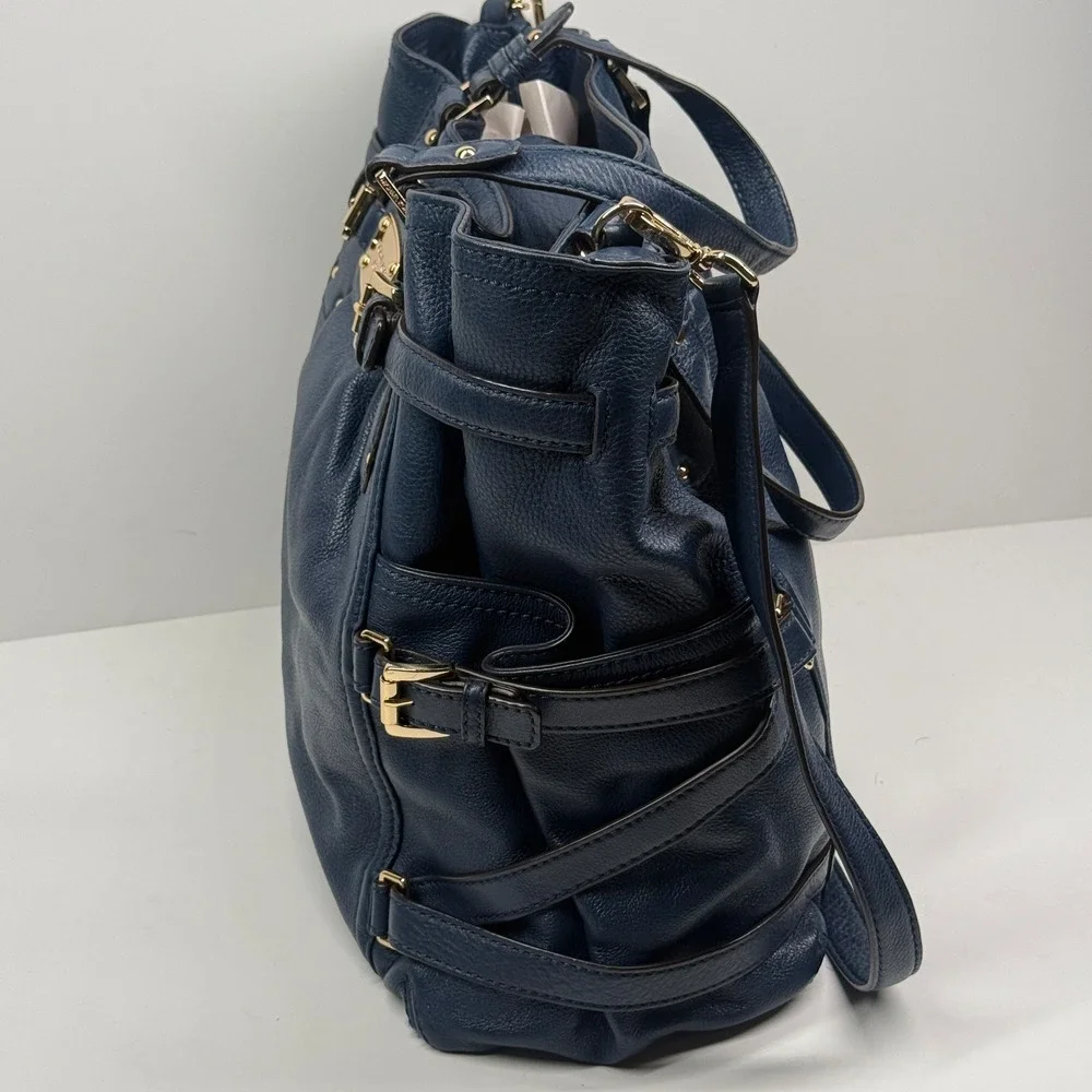 Michael Kors Gansevoort Tote Blue Leather Magnetic Snap Dual Handle Medium Bag